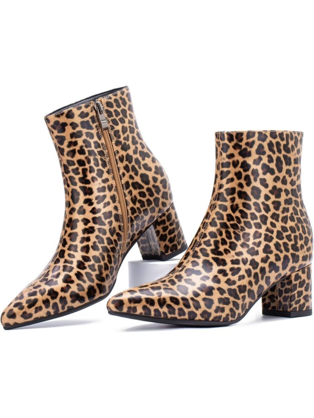 Women's Leopard Pointed Toe Chunky Low Heel Comfortable Side Zipper Ankle BootS